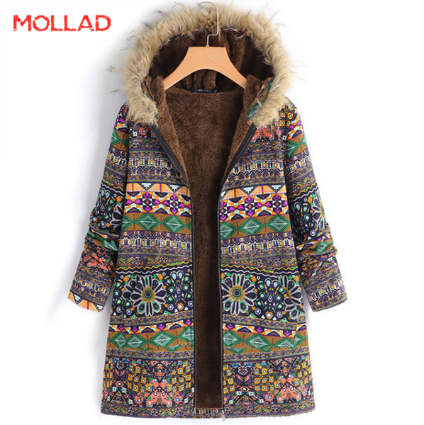 

autumn and winter women national wind-cotton linen printed thicker coat, Black