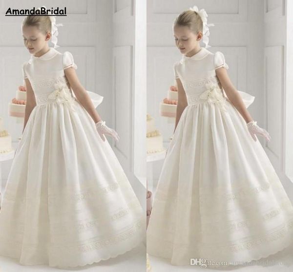 

2019 lovely flower girls dresses satin beautiful lace high collar sash ruffles short sleeve floor length wedding birthday dress, White;blue