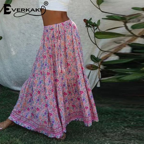 

everkaki women skirt bottoms floral print bohemian sashes elastic waist vintage ladies long skirts female 2019 summer autumn new, Black