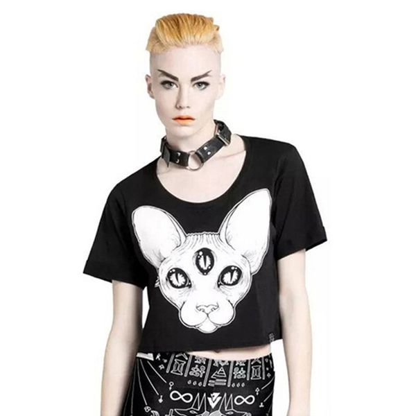

harajuku summer new arrival women punk sphynx cat printed tees canadian hairless cat element printed crop, White
