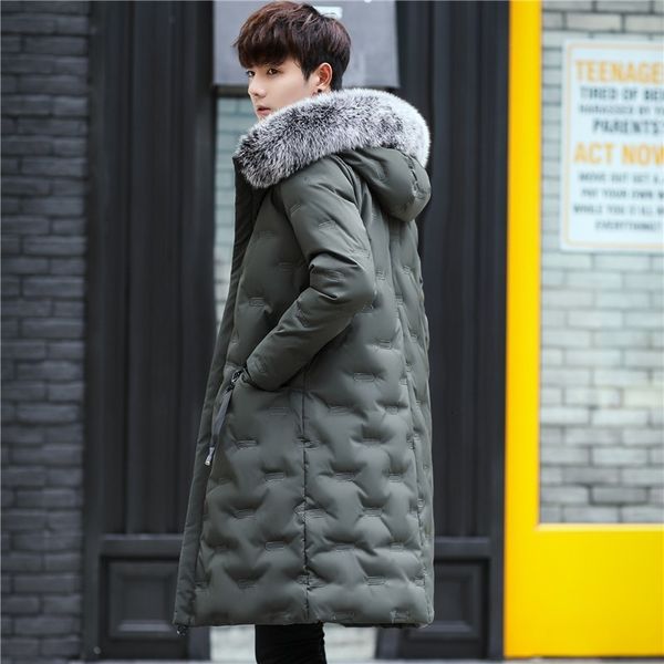 

new winter mens slim fit long coat padded warm down jacket male fur straight hoody outwear overcoat casual thick parka plus size, Black