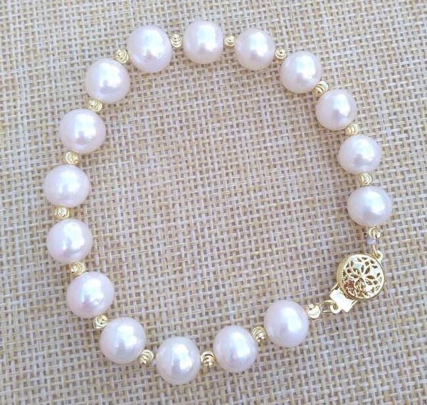 Natural 9-10mm South Sea Genuine White Pearl Bracelet 14k Gold Clasp 7.5-8"