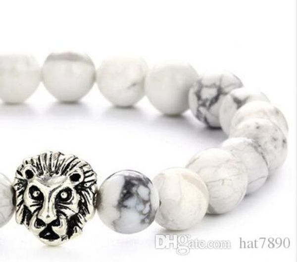 

10pcs/lot 8mm 10pcs fashion jewelry silver lion head bracelet white stone beaded bracelets pulseras hombre for men women drop sale, Black