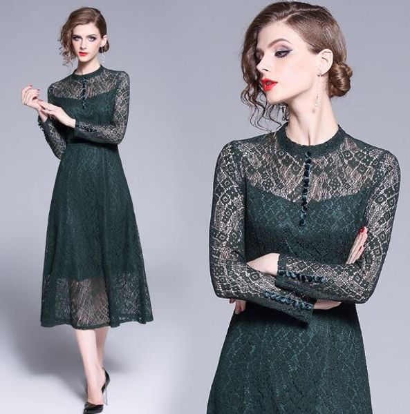 

autumn new long sleeve slim base long lace a-line skirt, Black;gray