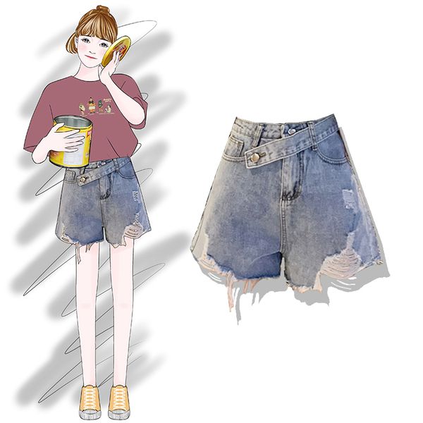 

2019 new fashion women's shorts summer high waist denim shorts female raw loose wide leg pants tide, Blue