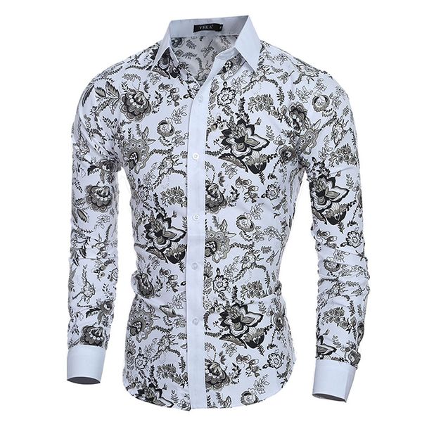 

elenoble floral prints men shirt fashion mens shirts long sleeve slim fit casual social camisas masculinas chemise homme, White;black