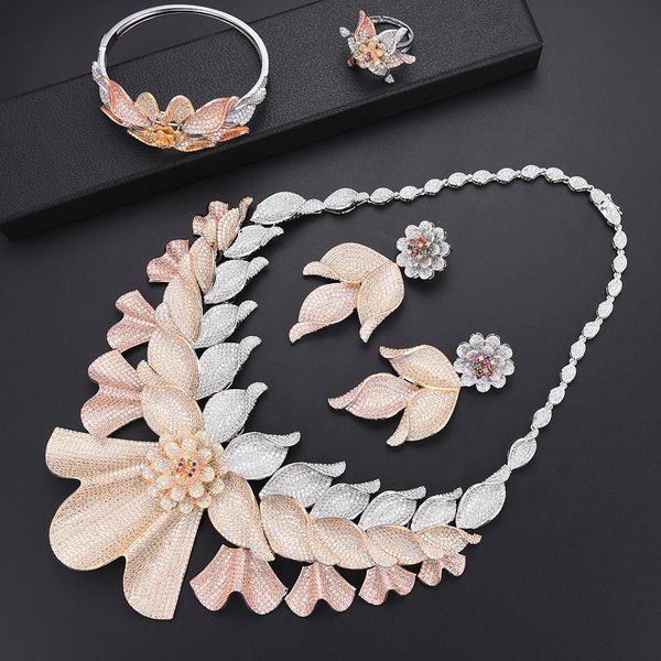 

larrauri 4pcs jewelry sets cubic zirconia collar necklace earrings bangle resizable ring luxury nigerian bridal jewelry sets, Silver
