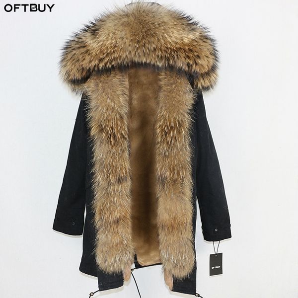 

oftbuy 2019 long parka real natural raccoon fur coat winter jacket women streetwear outerwear thick warm casual big fur collar, Black