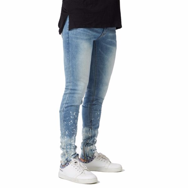 

men's 2018 new skinny paint side ankle zipper jeans fashion casual denim pencil jeans, Blue