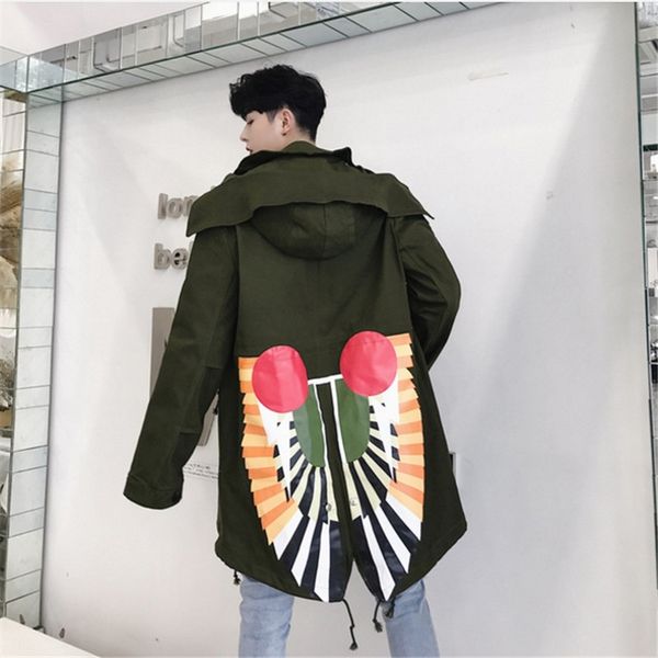 

male fashion casual loose back printing solid color long windbreaker hooded trench overcoat outwear homme -2xl autumn trench, Tan;black