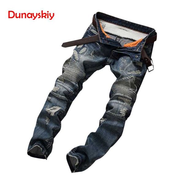 

Dropshipping Biker Jeans Men's Distressed Stretch Ripped Biker Jeans Men Hip Hop Slim Fit Holes Punk Denim Cotton Pants