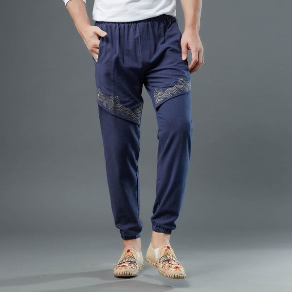 

ma fan new style sea cliff men's casual pants nation china retro cotton linen slim pants embroidered joint capri, Blue
