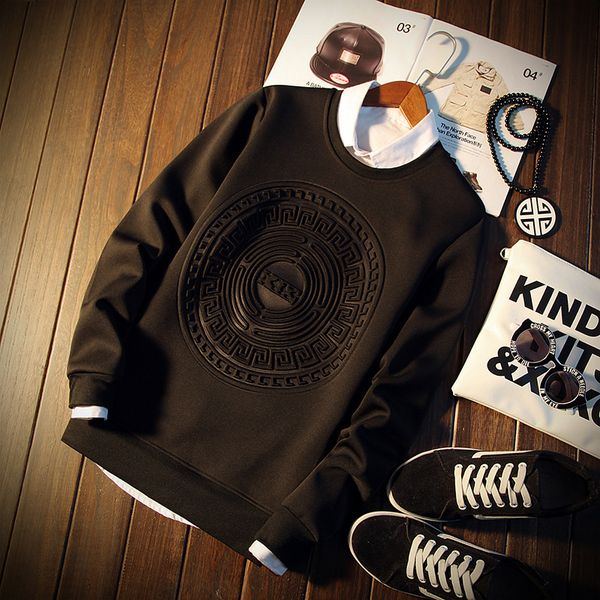 

2019 new style spring clothing fashion embossed crew neck large size long-sleeved t-shirt versatile trend casual men's w, White;black