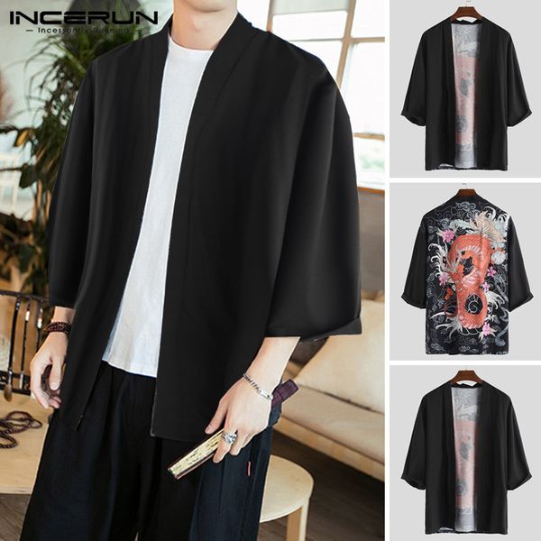 

incerun chinese style print men outerwear cardigan 3/4 sleeve tang suit vintage loose trench coats men kimono jackets 2019 s-5xl, Tan;black