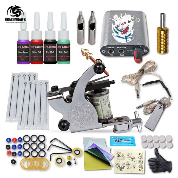 

complete 1 tattoo machine gun 4 color inks power supply set beginner tattoo kits