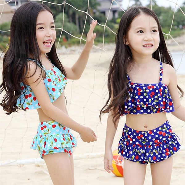 

new 2019 girl lovely swimsuit two pieces children's swimwear swim suits children split hollow bikini sets cherry bathing suit#apos, Blue