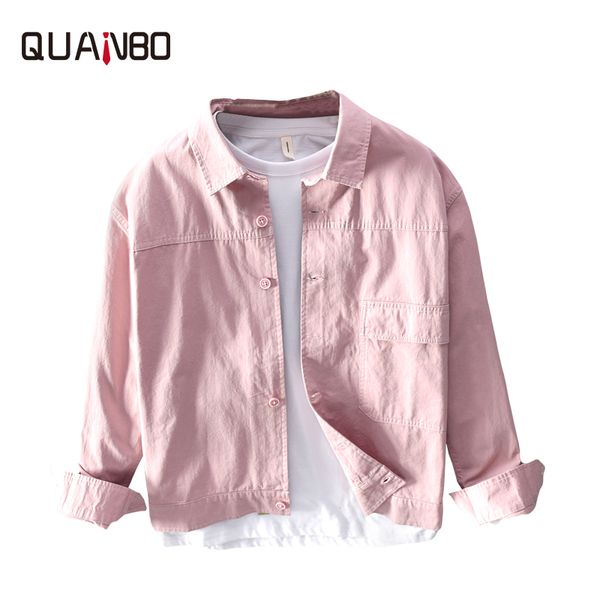 

quanbo 2019 autumn new cargo pocket shirt men 100% cotton casual long sleeve shirts fashion loose mens dress shirts pink blue, White;black