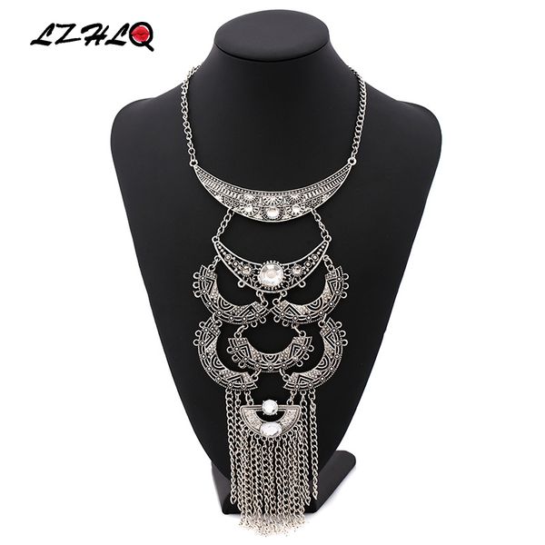 

retro multilayer moon necklace geometric resin tassel maxi necklaces 2019 fashion women hollow sweater chain brand jewelry, Silver