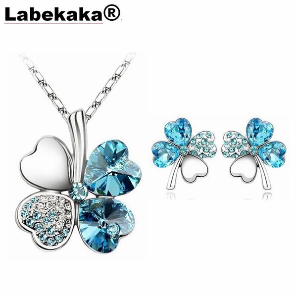 

labekaka classi удачи jewelry четыре клевера ожерелье серьги наборы для женщин девушки дамы танцы коктейль платье партии аксессуаров, Silver