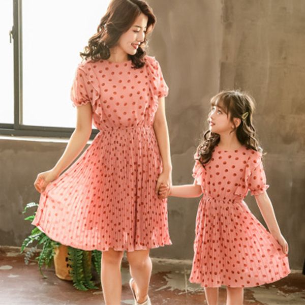 

matching mother daughter dresses summer mommy girls polka dot chiffon dress mommy and me family look clothes family dress, Blue