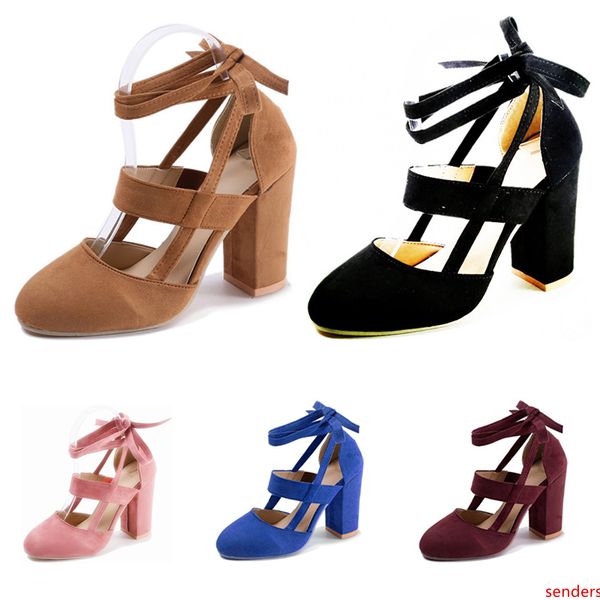 

2020 whole sale women high heel suede ankle strap with thick heels black pink brown blue size 35-40