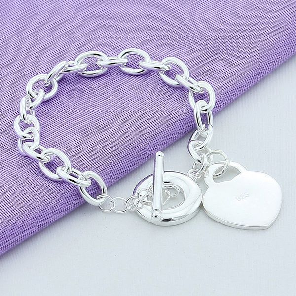 

925 stamped brand designer bracelets for women t o heart clasp sterling silver girls lady charms jewelry fashion link chain bangle, Golden;silver