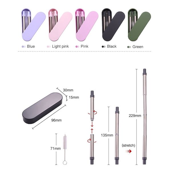 

telescopic collapsible reusable straws stainless steel folding telescopic metal portable straw with case for travel office