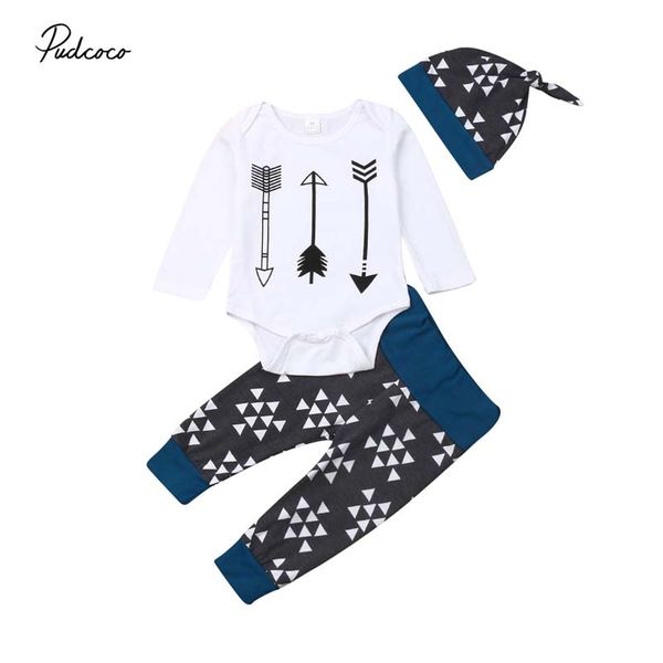

2019 brand infant baby boy newborn clothes arrows print cotton romper jumpsuit +geometric long pants outfit set autumn 3-18m, White