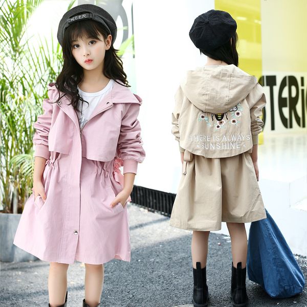 

high quallity hoodies trench coats for kids girl fashion children embroidery bee jackets spring 2019 cotton long coat 6 8 10 13y, Blue;gray