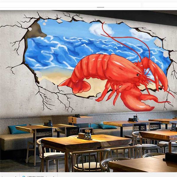 

wallpapers custom wallpaper 3d po murals hand painted lobster broken wall into the pot shop restaurant el background paper
