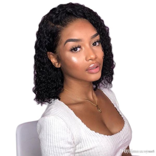 

14 inches short bob curly human hair wig 130 density pre plucked with baby hair remy brazilian hair 13x4 lace front lace wig, Black