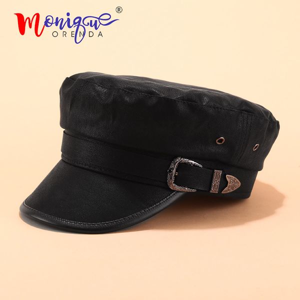 

elegant ladies womens girls pu leather blend baker peaked cap belt newsboy beret hat flat button travel accessories, Blue;gray