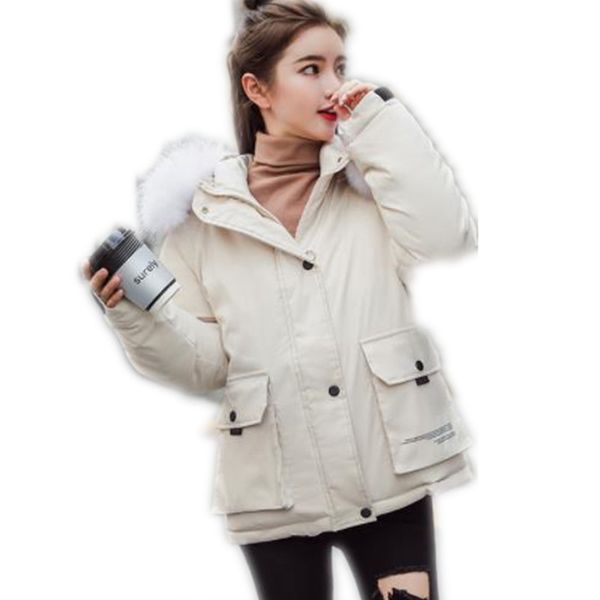 

short winter women parkas hooded fur collar winter coat 2019 print letter female down parkas zipper casual thick snow wear m127, Black