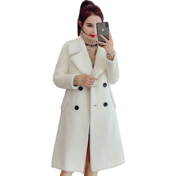 

fashion brand winter wool jacket women coat 2019 korea slim elegant lady long overcoat double-breasted white female wool coats, Black