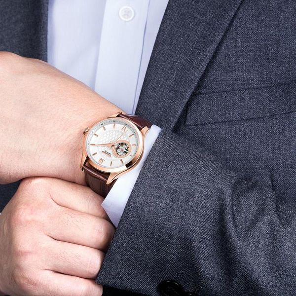 

ruimas men's watch 2020 new wave mechanical watch hollow male machine ring men's machine commandment table genuine, Slivery;brown