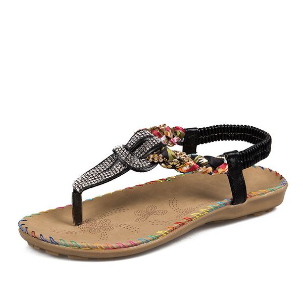 

women bohemia sandals bling thong women t strap flats beading beach shoes comfortable 2020 new summer fashion sandals, Black