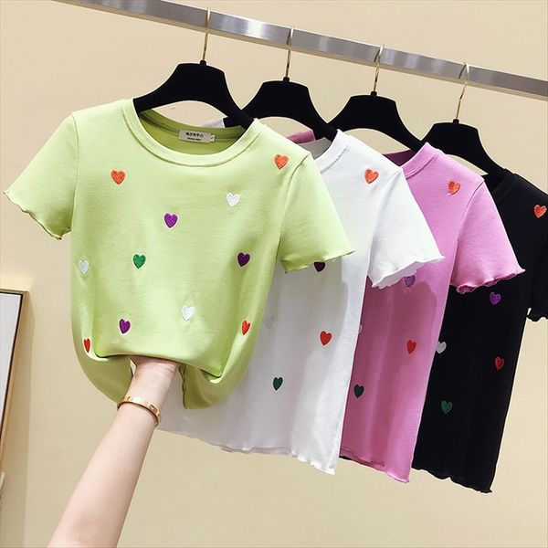 

2020 short-sleeved t-shirt female round collar tight embroidery all-match student base 2020 short-sleeved t-shirt female round collar ti, White