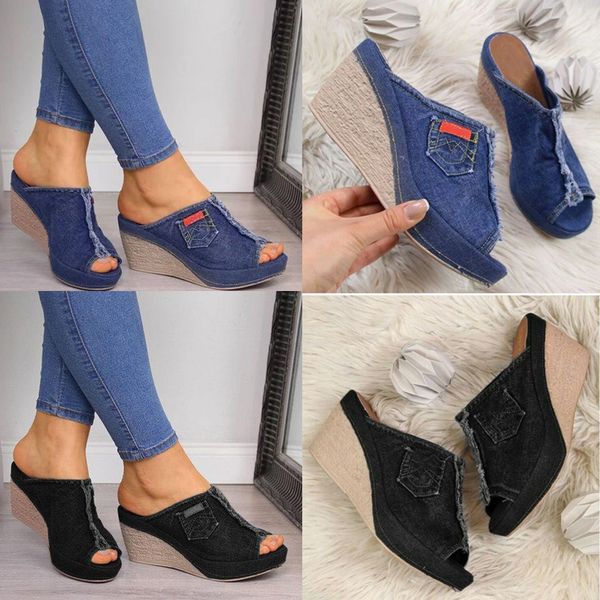 

2020 women's high heels fashion denim slippers women wedge heel toe slides platform shoes large size 35-43 zapatos de mujer, Black