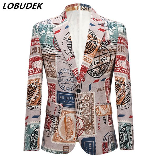 

fashion vintage plus size letters pattern suit jacket men casual coat slim fit blazer prom singer host stage nightclub costume, White;black