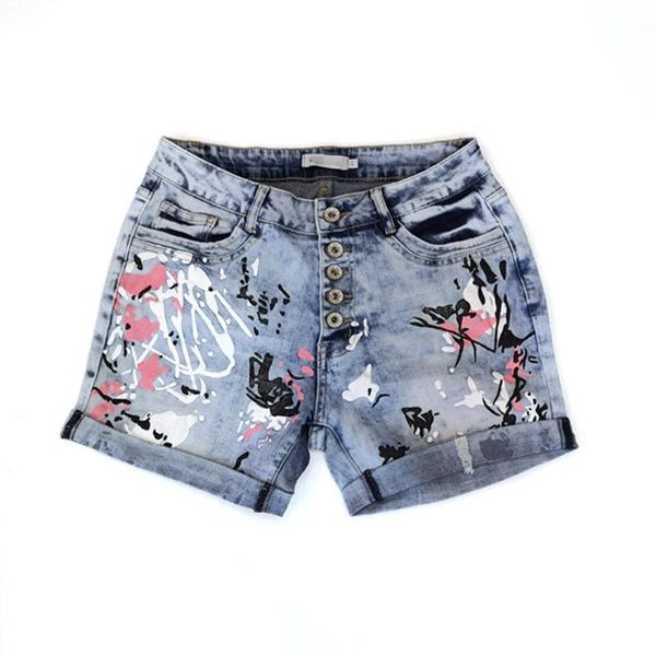 

women shorts jeans casual floral print spliced washed denim shorts female buttons jeans woman plus size 5xl streetwear, Blue