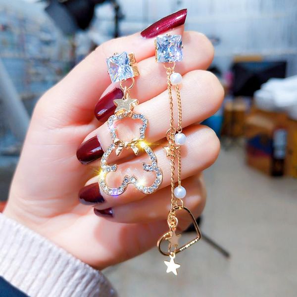 

2020 new champagne crystal elegant heart drop earrings asymmetry dangle evening party jewelry for women pendientes moda brincos, Silver