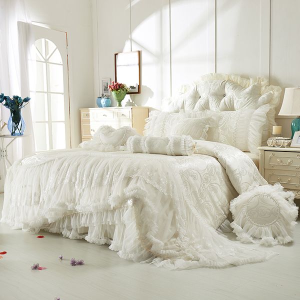 

luxury satin jacquard bedding sets cotton lace bedclothes  king size 4/8 pcs decorative bedskirt+pillowcase+duvet cover set