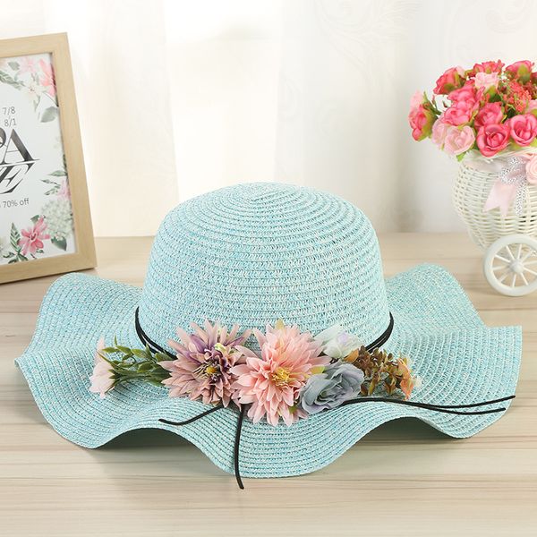 

women all-match bow-knot hats striped sunscreen hats foldable bucket caps girl beach big brim straw caps, Blue;gray