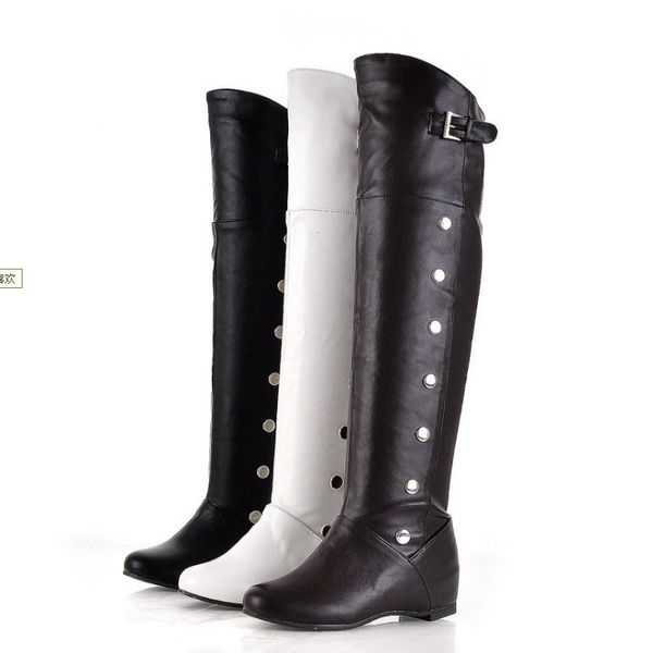 

winter women's over the knee long rivets buckle rivets pu leather motorcycle boots shoe riding boots shoes plus size 34-47, Black