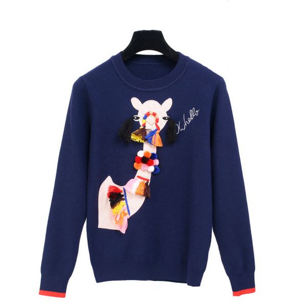 

liva girl 2018 autumn winter knitted sweaters for woman tassel ball cartoon camel pullover embroidery comfortable vintage, White;black