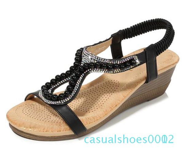 

2020 summer new style beaded rhinestone jewelry wedge sandals women's fashion simple casual wild ethnic style heel shoes 35-42 c02, Black