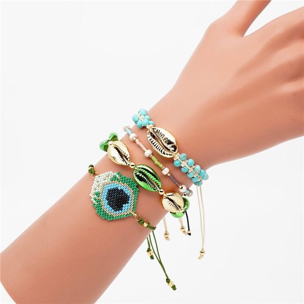 

rttooas shell bracelets green miyuki beads bracelet set natural stone handmade woven 4pcs/set fashion female jewelry, Golden;silver