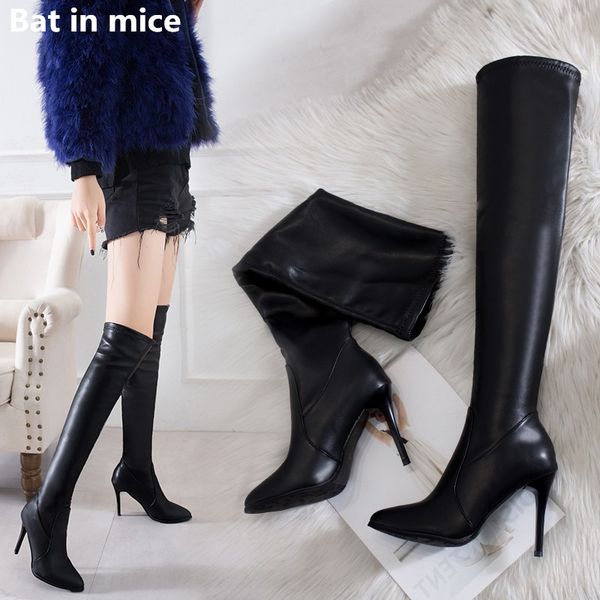 

winter women thigh high boots women warm snow boots stretch fabric pu leather high heels wedding over-the-knee mujer t797, Black