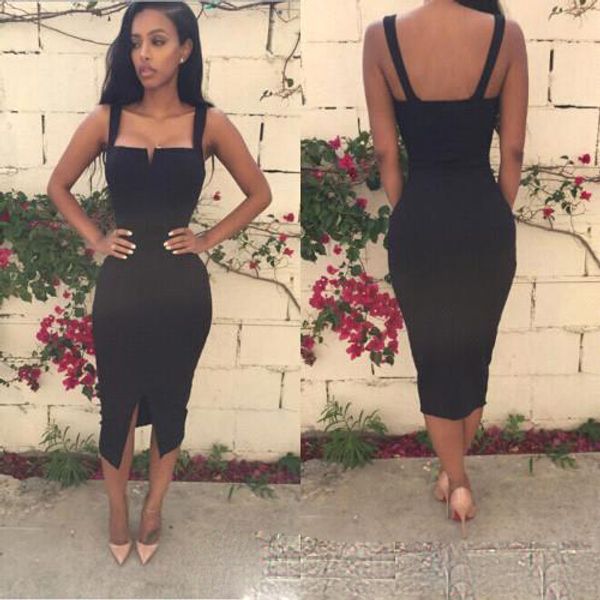 

african black sheath cocktail party dress spaghetti strap tea length side split prom evening gowns