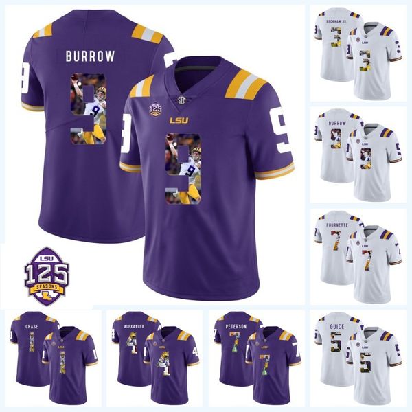 

printed lsu tigers 125th 9 joe burrow 7 leonard fournette 3 odell beckham jr. 4 kwon alexander 5 derrius guice ncaa college football jersey, Black